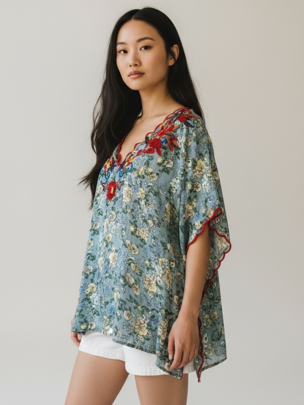 Zara Green floral embroidered top with red stitched edges - M India